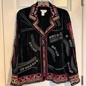 Coldwater Creek Black Velvet Shirt with Colorful Embroidery